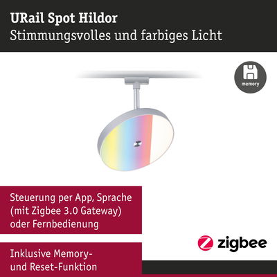 URail Spot Hildor Deckenstrahler in Silber mit farbigem Licht und Zigbee Steuerung per App und Sprache
