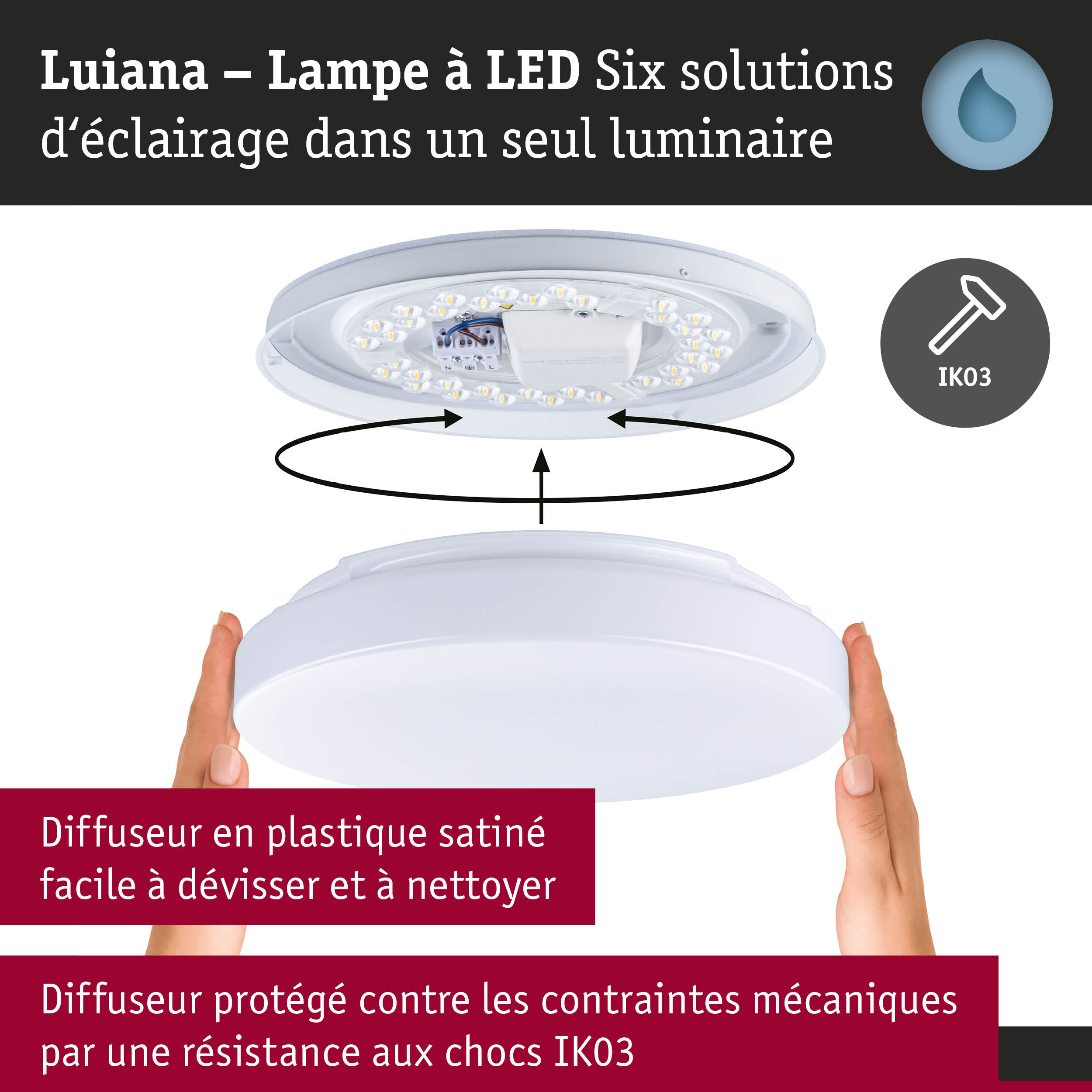 Plafonnier LED Luiana blanc avec diffuseur plastique satiné et résistance aux chocs IK03