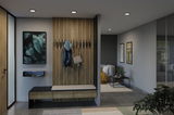 Moderner Flur mit Holzpaneel, Sitzbank und Garderobe in natürlichem Holzton und schwarzem Akzent.