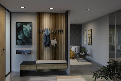 Moderne hal met houten paneel, bank en kapstok in natuurlijke houtkleur en zwarte accenten.