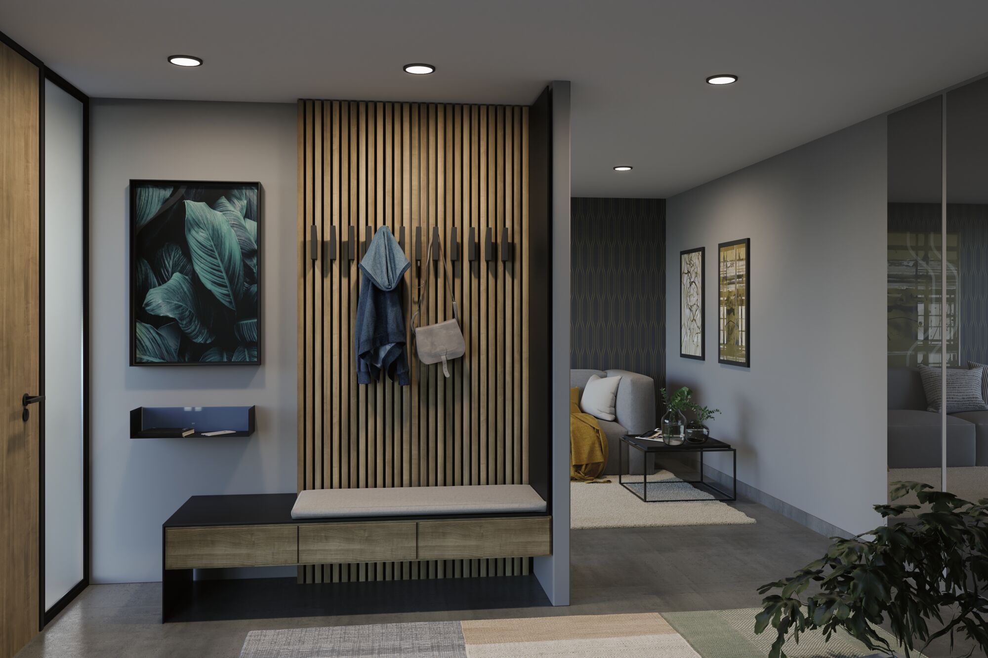 Moderne hal met houten paneel, bank en kapstok in natuurlijke houtkleur en zwarte accenten.