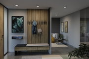 Modern hallway with wooden panel, bench and coat rack in natural wood tone and black accents.