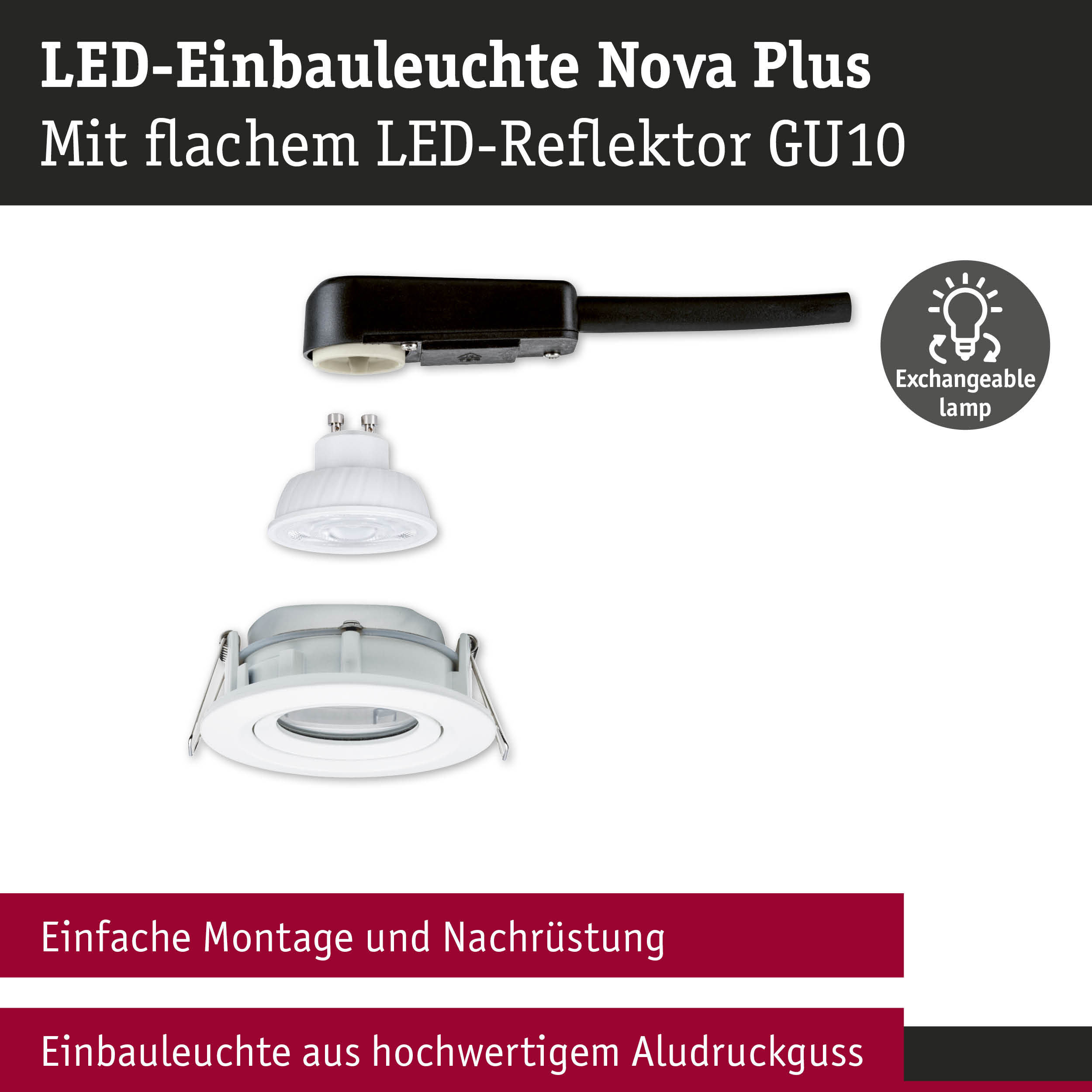 LED-Einbauleuchte Nova Plus aus weißem Aludruckguss mit flachem GU10 LED-Reflektor und austauschbarer Lampe