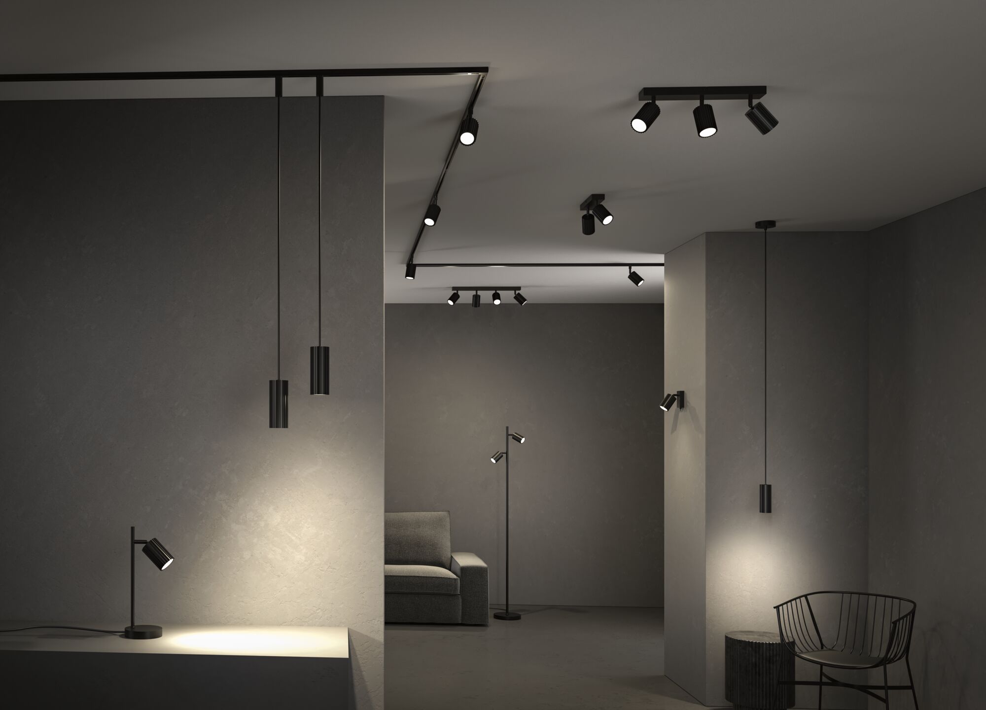 Moderne schwarze LED-Strahler und Pendelleuchten in minimalistischem Raum mit grauen Wänden und Möbeln