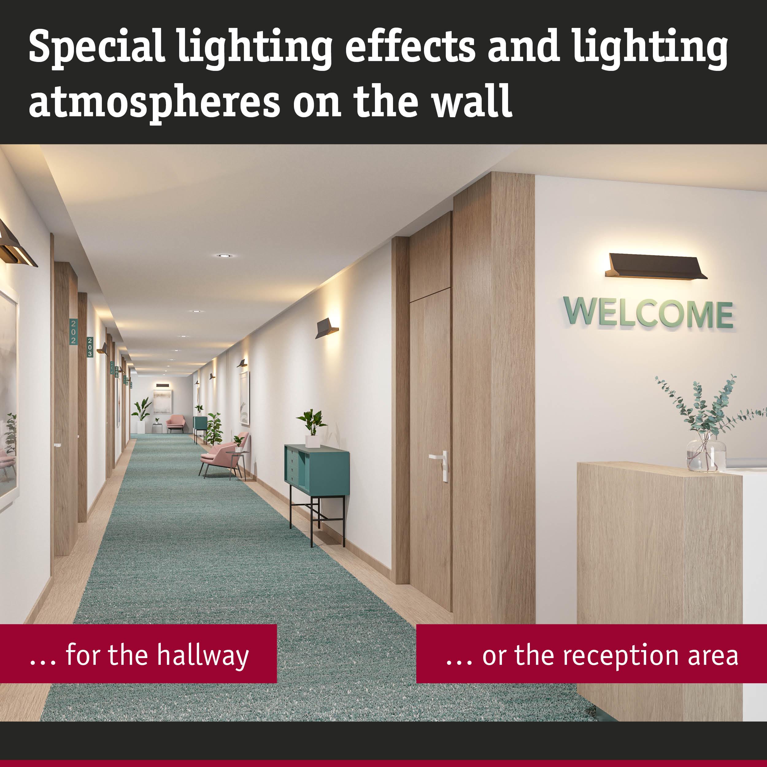 Modern hallway with wall lights and green carpet creating special lighting effects and atmosphere