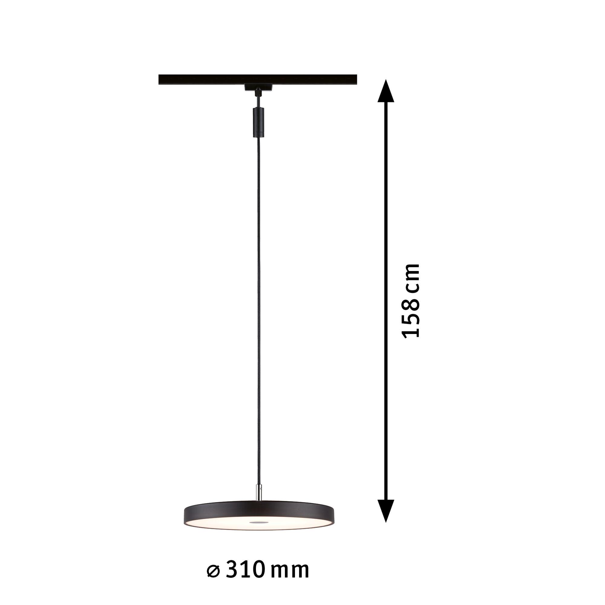 Black round metal LED pendant light with 31 cm diameter and 158 cm length
