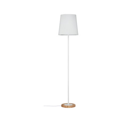 Lampadaire en tissu blanc avec base en bois, design moderne pour éclairage salon