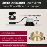 Gold recessed spotlight with 55 mm depth and connection box for simple 230 V direct installation