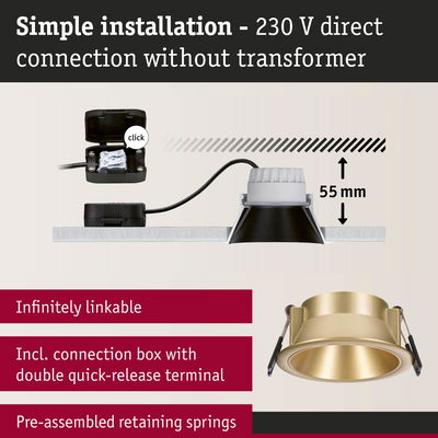 Gold recessed spotlight with 55 mm depth and connection box for simple 230 V direct installation