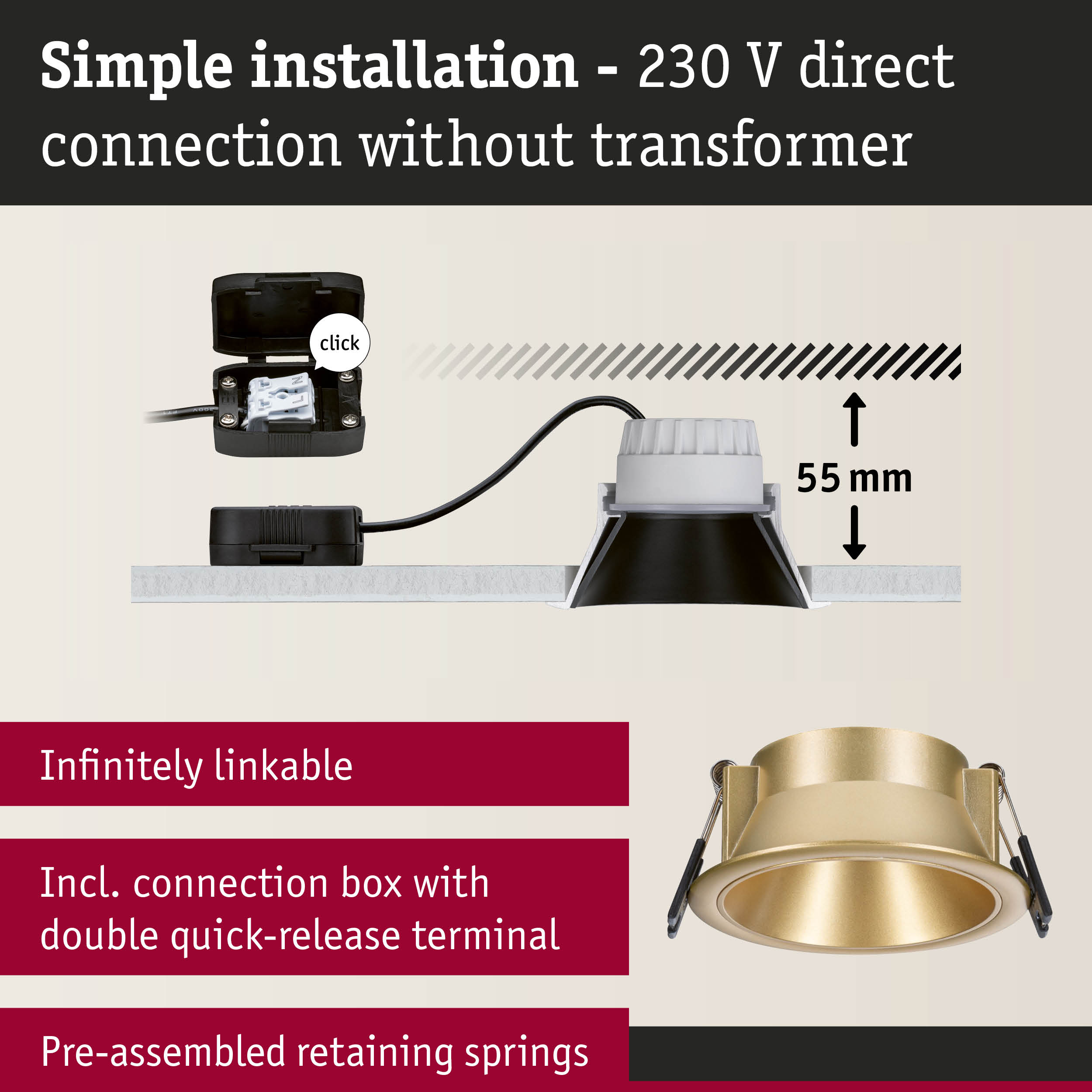 Gold recessed spotlight with 55 mm installation depth and connection box for simple 230 V direct wiring