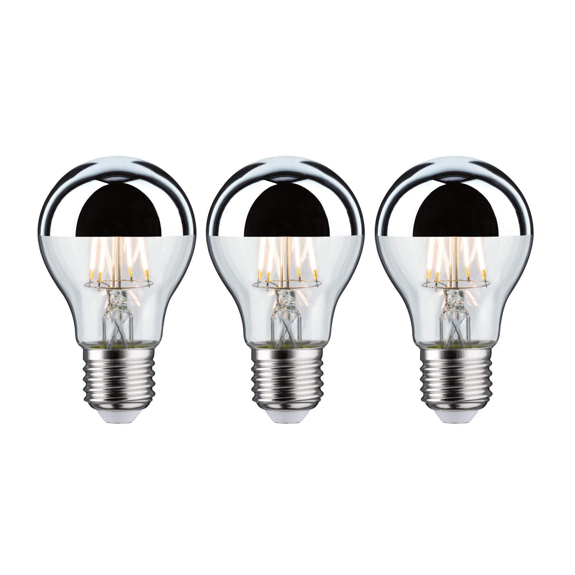Trois ampoules LED avec capuchon miroir argenté et culot E27 pour éclairage économique