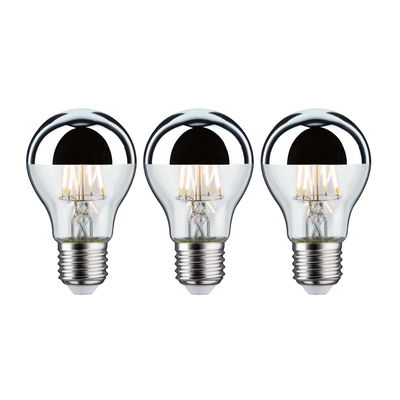 Drei LED-Glühbirnen mit silberner Spiegelkappe und E27-Fassung für energiesparende Beleuchtung