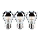 Three LED bulbs with silver mirror cap and E27 base for energy-efficient lighting solutions