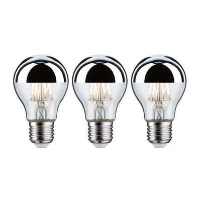 Three LED bulbs with silver mirror cap and E27 base for energy-efficient lighting solutions