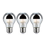 Three LED bulbs with silver mirror cap and E27 base for energy-efficient lighting solutions