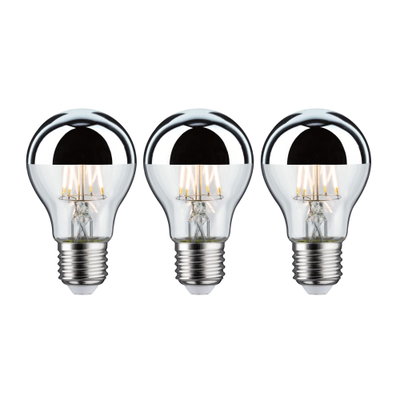 Drei LED-Glühbirnen mit silberner Spiegelkappe und E27-Fassung für energiesparende Beleuchtung