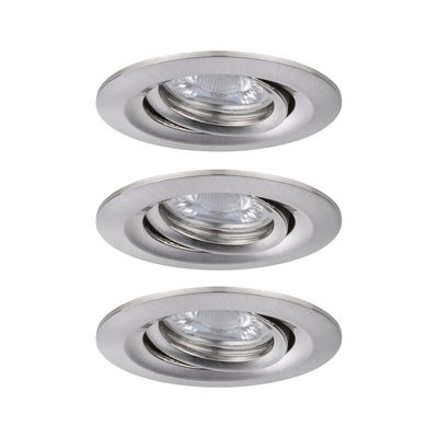 Three round recessed spotlights in brushed silver aluminum for modern LED lighting solutions.