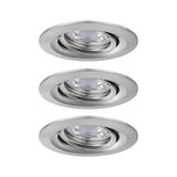 Three round recessed spotlights in brushed silver aluminum for modern LED lighting solutions.