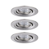Drei runde Einbaustrahler aus gebürstetem Aluminium in Silber für moderne LED-Beleuchtung.