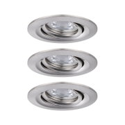 Drei runde Einbaustrahler aus gebürstetem Aluminium in Silber für moderne LED-Beleuchtung.