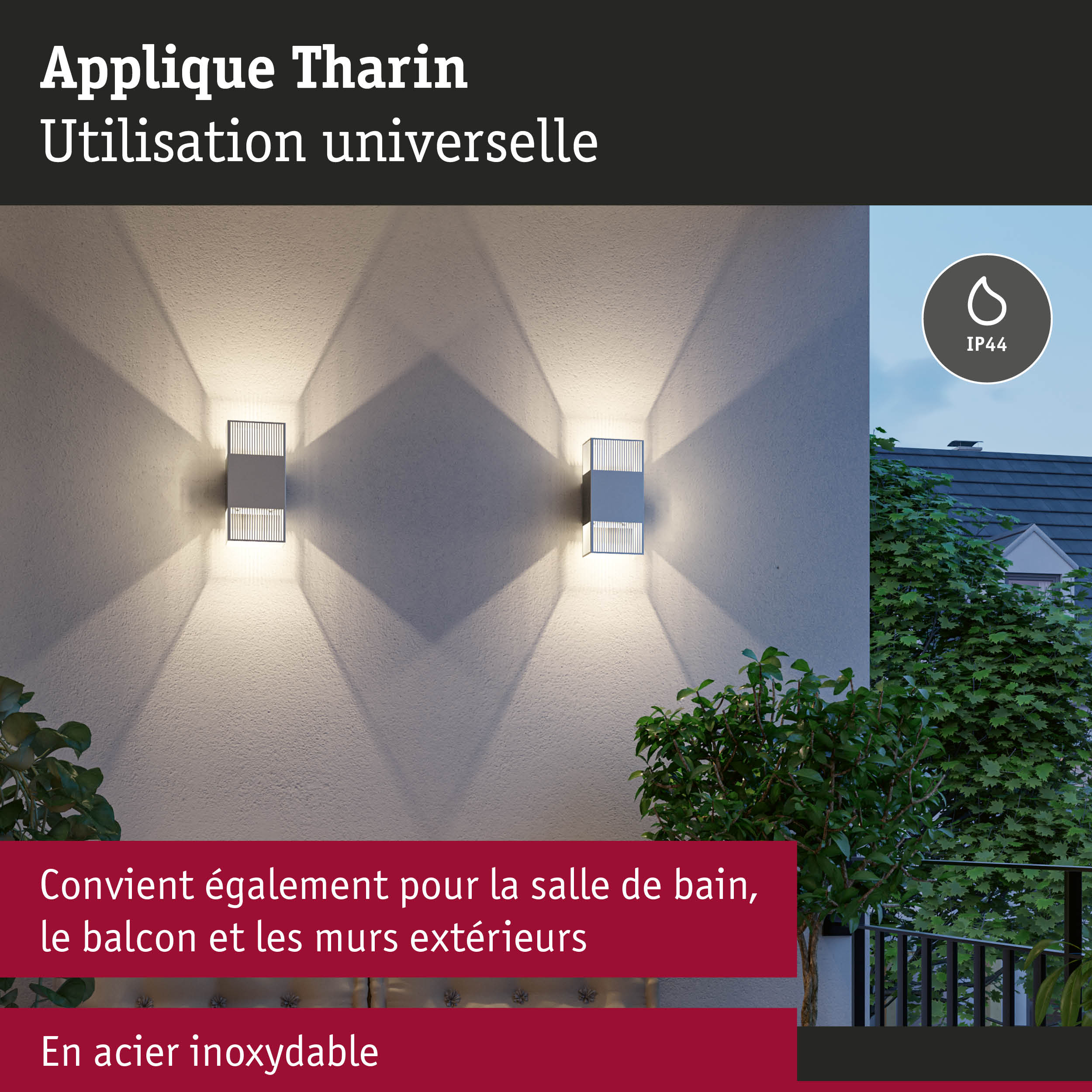 Applique Tharin en acier inoxydable blanc avec indice IP44 pour salle de bain, balcon et murs extérieurs