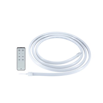 White flexible LED light strip with remote control for dimmable ambient lighting in living spaces