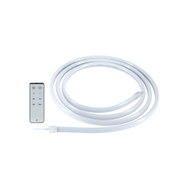White flexible LED light strip with remote control for dimmable ambient lighting in living spaces
