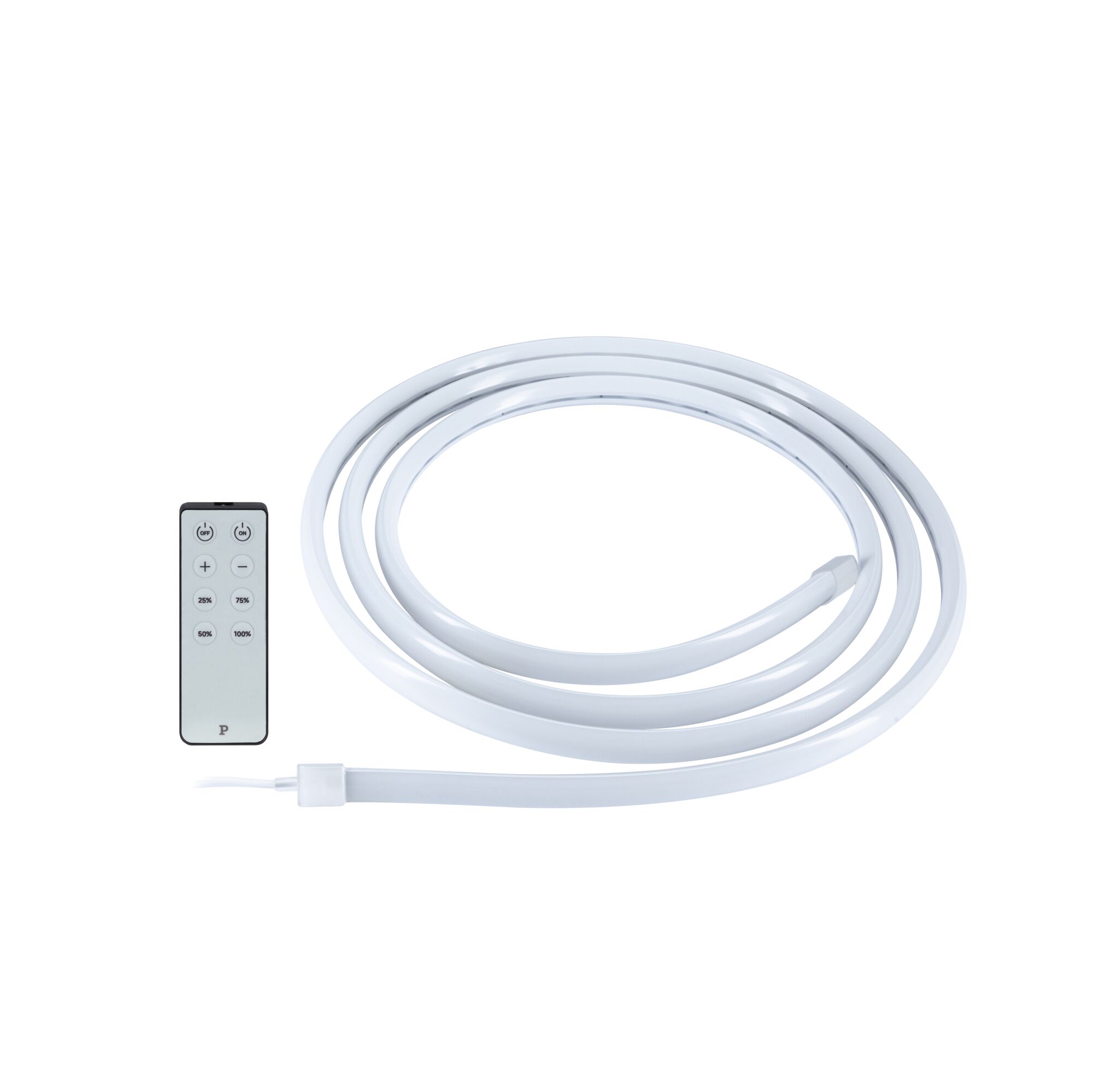 White flexible LED light strip with remote control for dimmable ambient lighting in living spaces