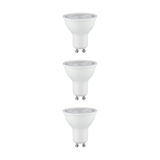Three white GU10 LED bulbs with clear glass, energy-saving LED spotlights for indoor lighting
