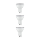 Three white GU10 LED bulbs with clear glass, energy-saving LED spotlights for indoor lighting