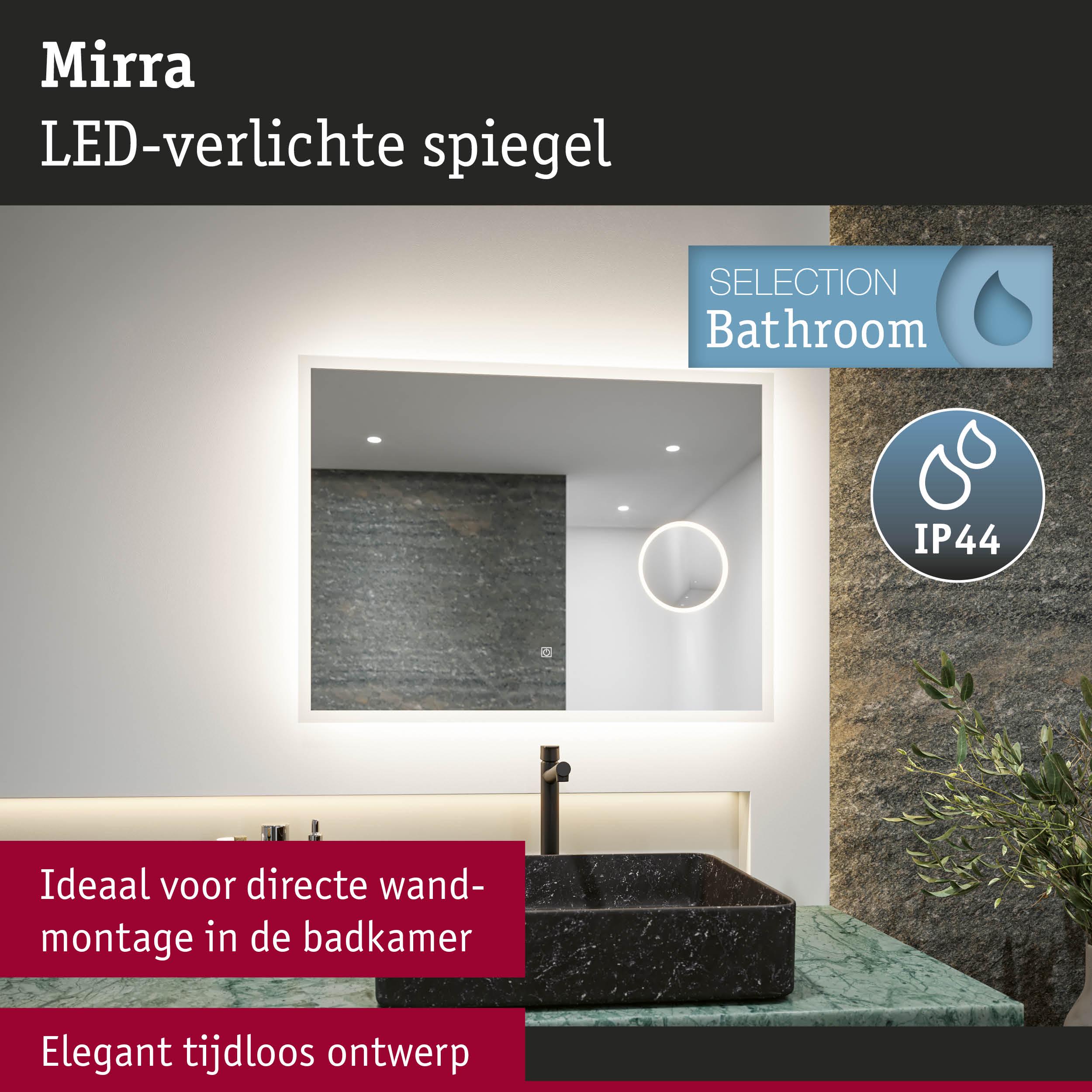 Mirra LED-verlichte badkamerspiegel met IP44 bescherming, ideaal voor wandmontage en tijdloos design