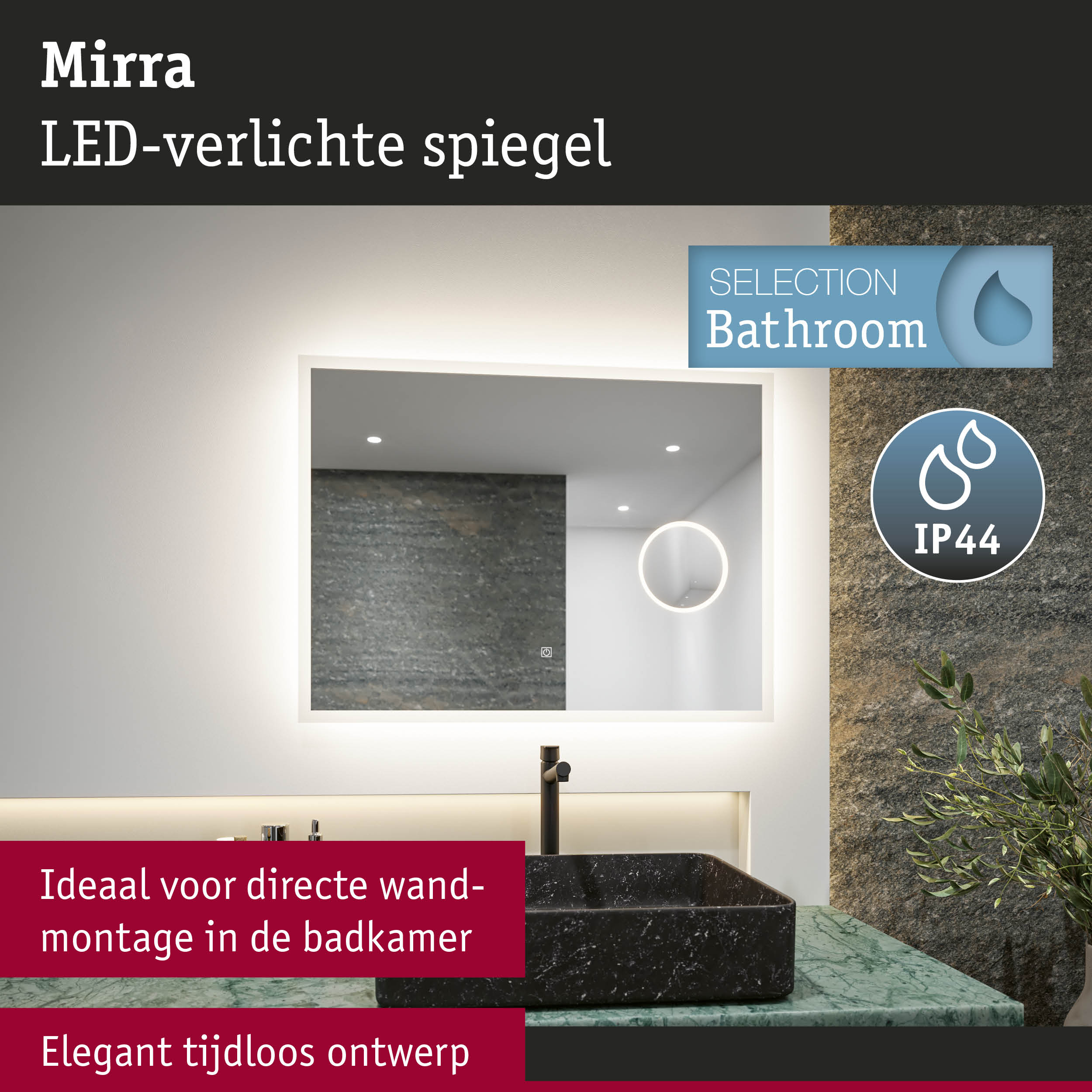 Mirra LED-verlichte spiegel met elegant tijdloos ontwerp, ideaal voor wandmontage in badkamer