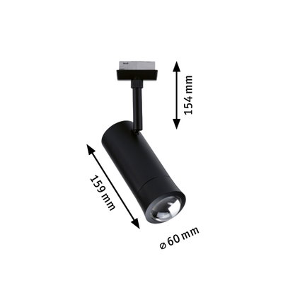 Spot LED noir en métal de 159 mm de long et 60 mm de diamètre, éclairage sur rail moderne