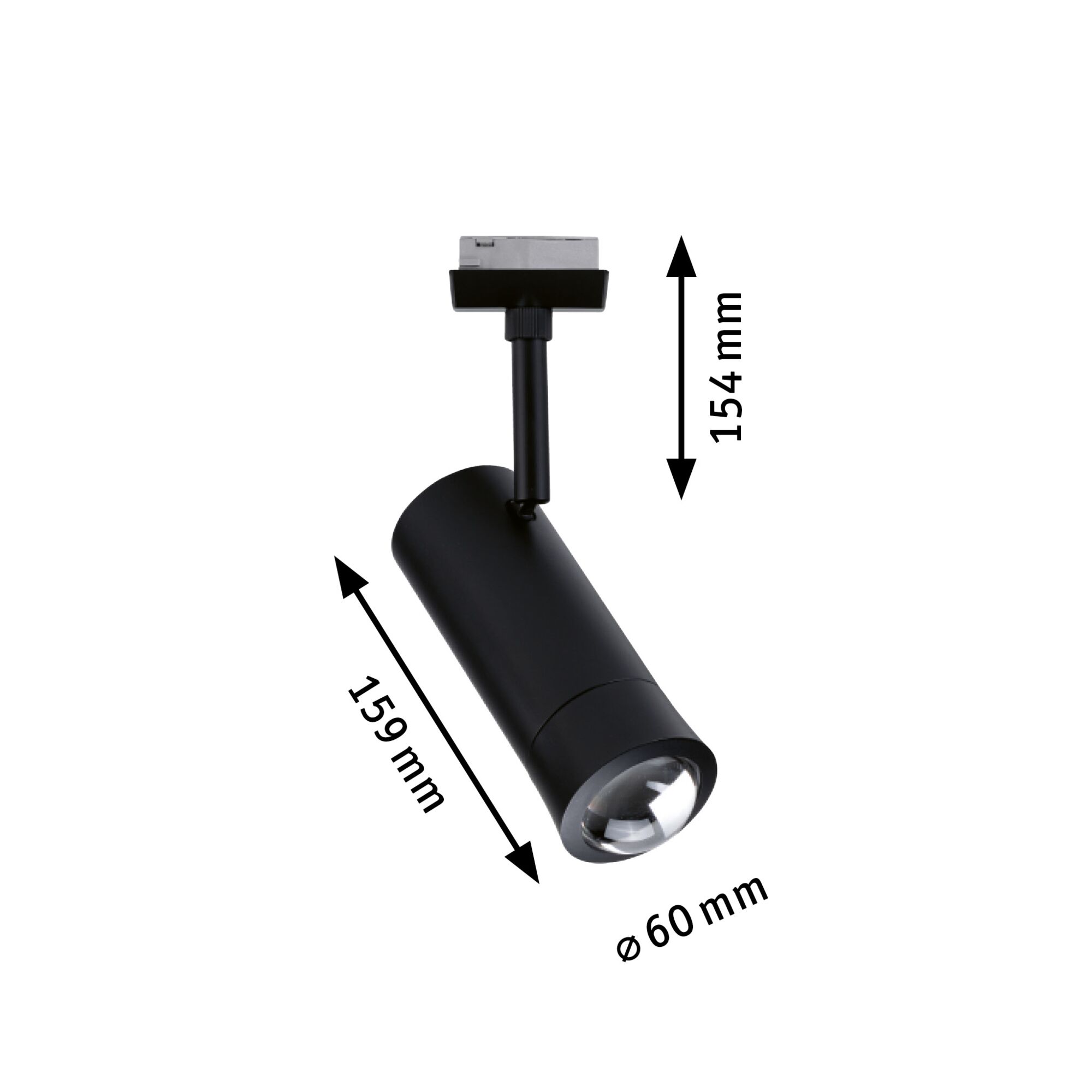 Black metal LED spotlight with 154 mm height and 60 mm diameter for modern lighting solutions