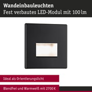 Schwarze Wandeinbauleuchte mit fest verbautem LED-Modul und warmweißem Licht 2700K, ideal als Orientierungslicht