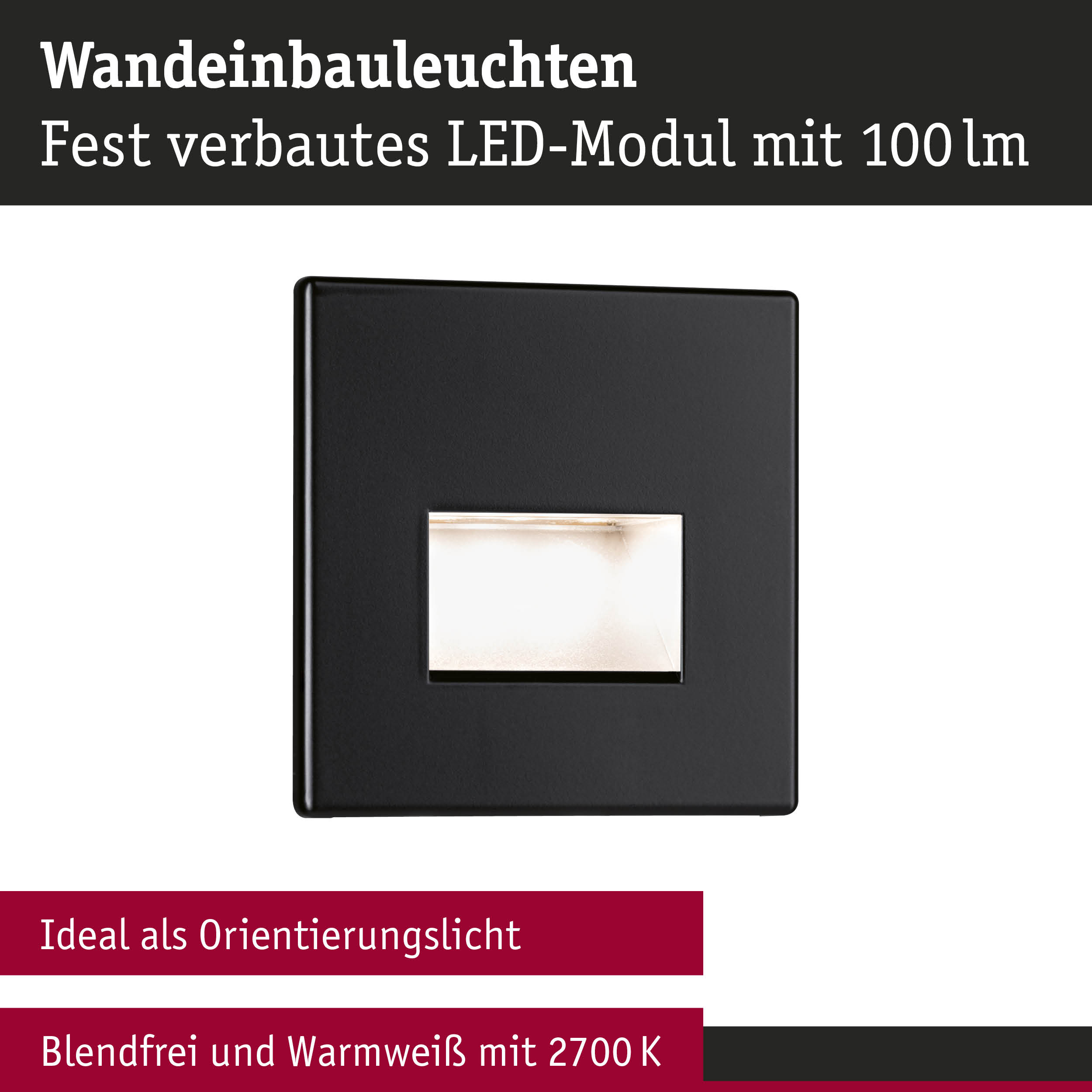 Schwarze Wandeinbauleuchte mit fest verbautem LED-Modul und warmweißem Licht 2700K, ideal als Orientierungslicht