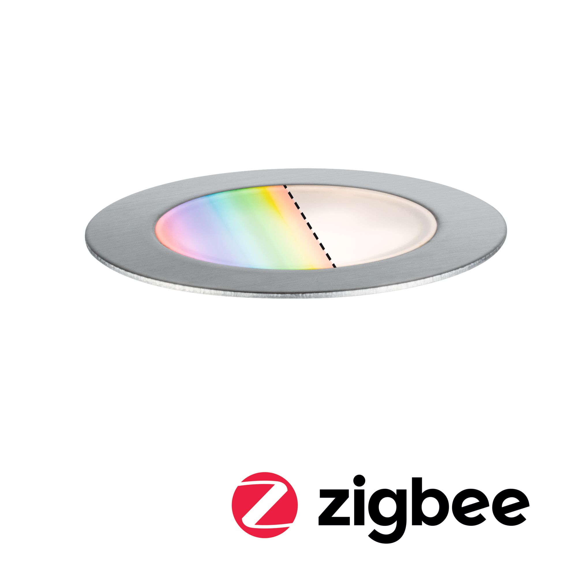 Plug & Shine Encastré de sol LED Smart Home Zigbee 3.0 Floor RGBW Luminaire individuel IP67 RGBW+ 2W Acier inoxydable Spot LED encastré rond avec cadre en acier inoxydable affichant lumière blanc chaud et couleurs RGB, compatible Zigbee