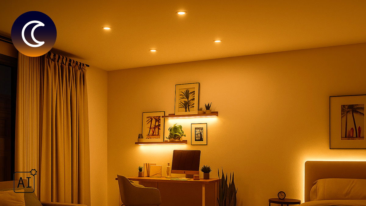 Woonkamer met warm wit LED-sfeerverlichting op planken en hoofdeinde voor gezellige sfeer