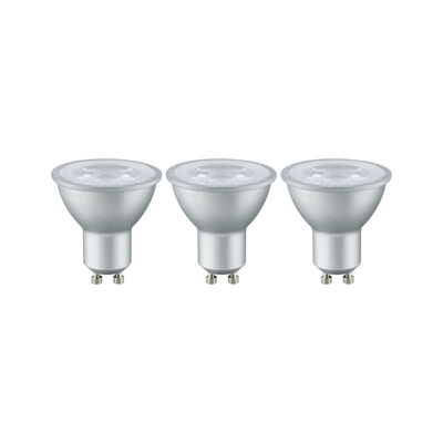 Drei silberne GU10 LED-Strahler mit klarem Glas für energiesparende Beleuchtung im Set