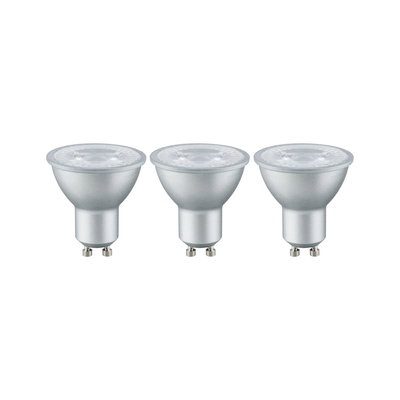 Set of three silver GU10 LED spotlights with clear glass for energy-efficient lighting