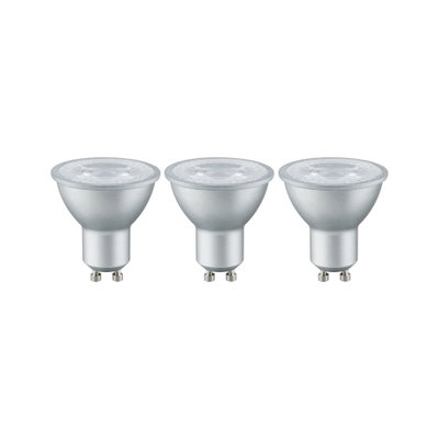 Drei silberne GU10 LED-Strahler mit klarem Glas für energiesparende Beleuchtung im Set