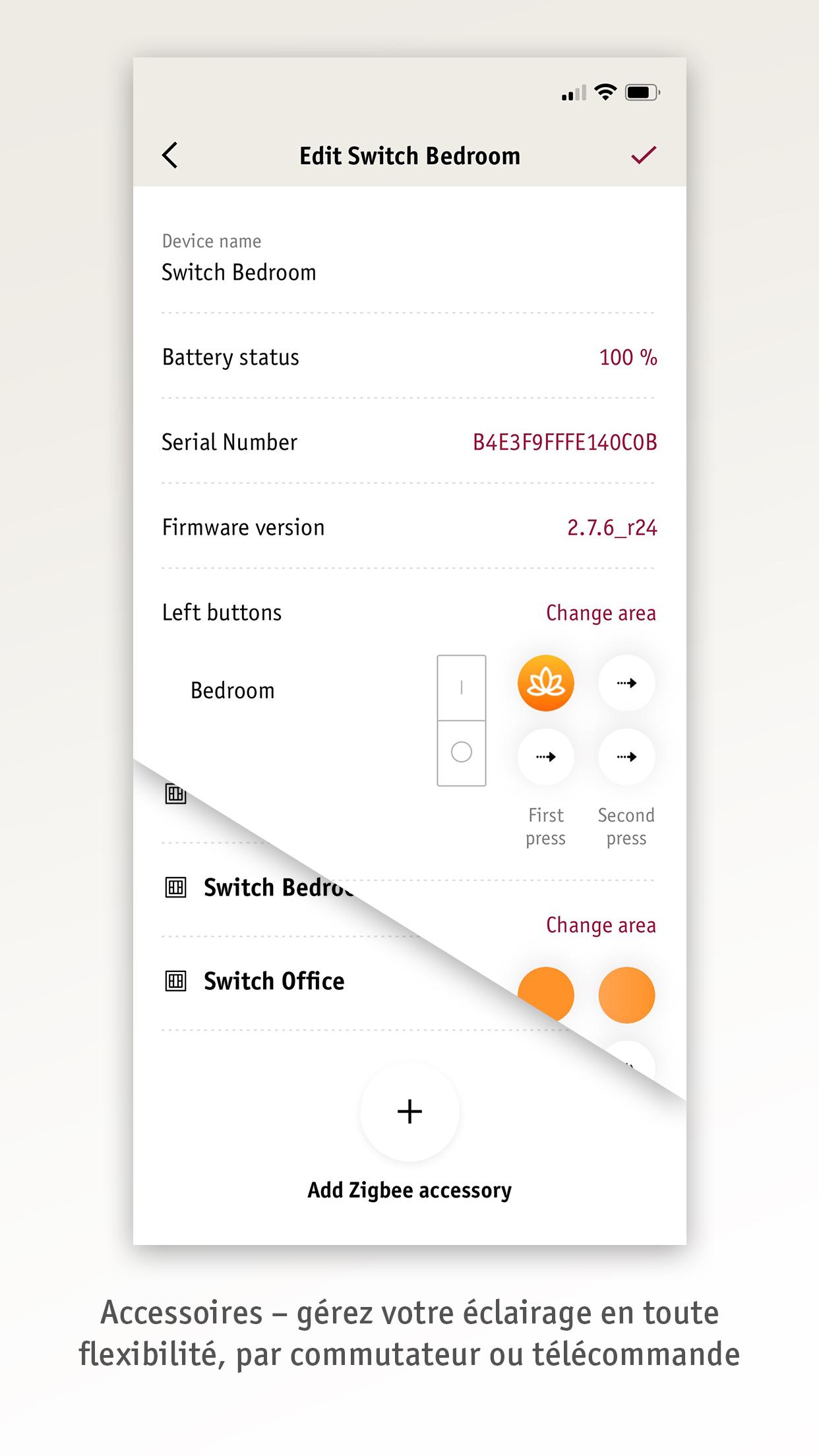 Interface d'application pour gérer les interrupteurs Zigbee et contrôler l'éclairage flexible chambre et bureau