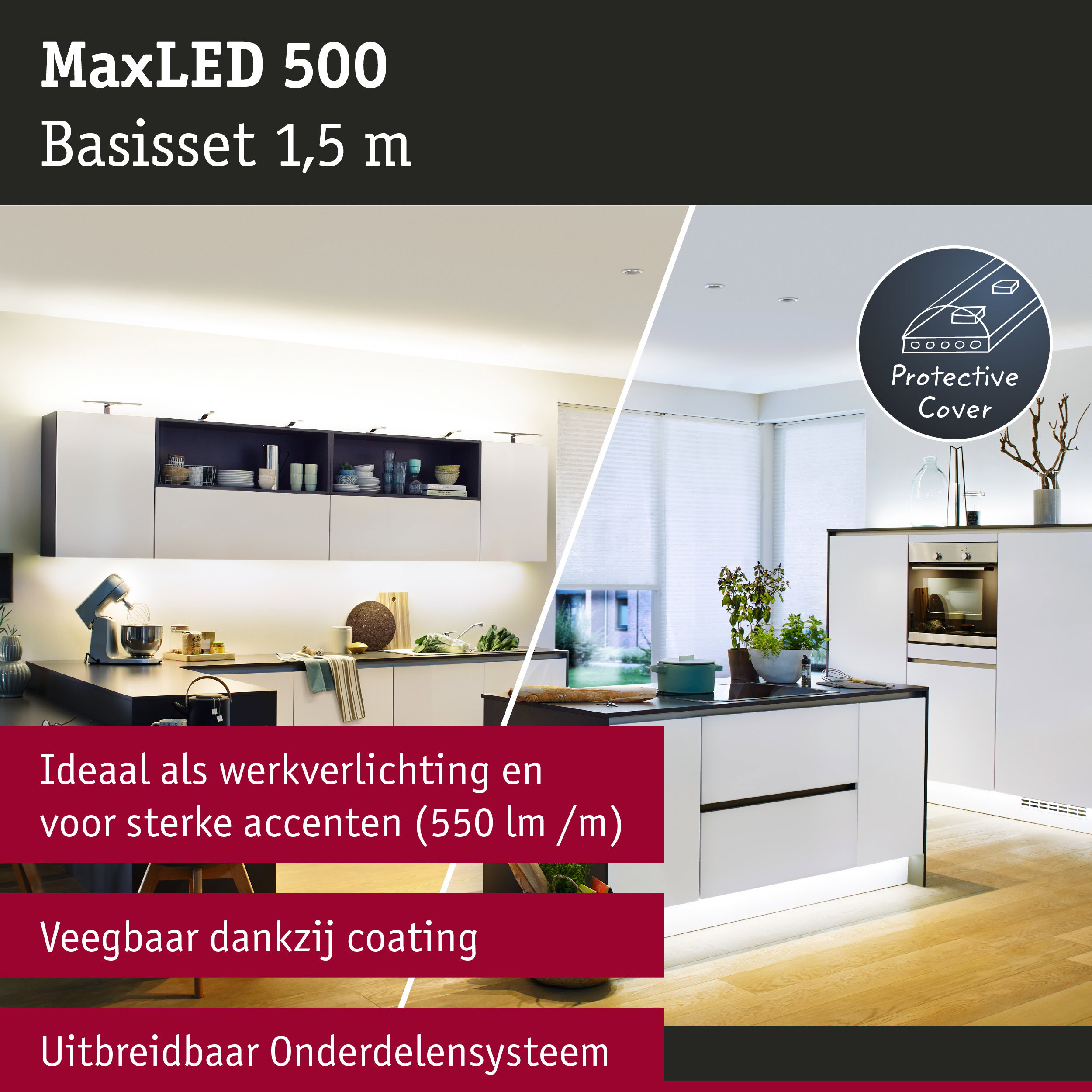MaxLED 500 basisset 1,5 m met beschermkap voor heldere accentverlichting in moderne keuken