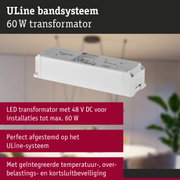 Witte 60 W LED-transformator voor ULine bandsysteem met geïntegreerde temperatuur- en kortsluitbeveiliging