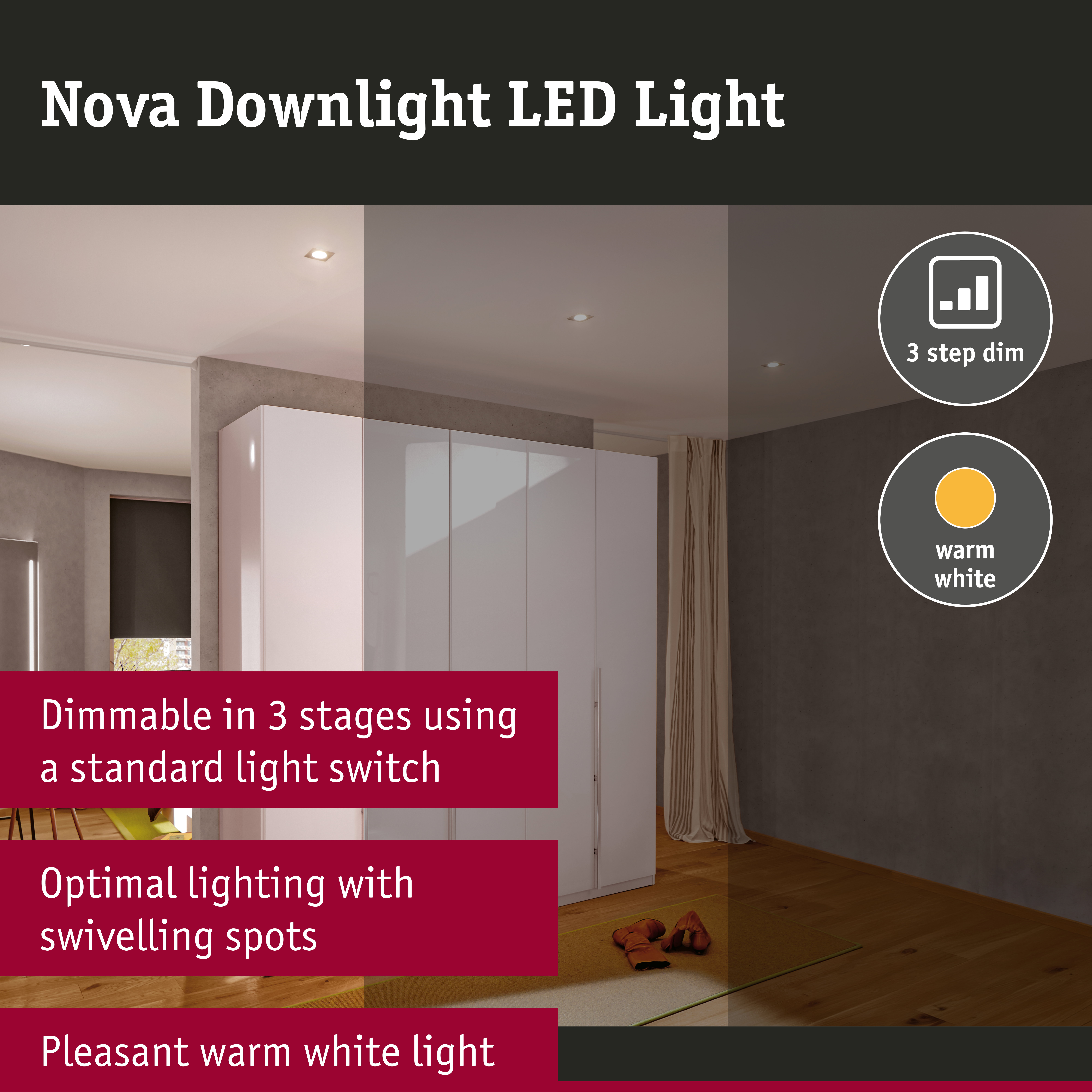 LED Downlight 3-Step-Dim Nova Coin Basic Set Swivelling angular 84x84mm 50° Coin 3x6W 3x470lm 230V dimmable 2700K Turned aluminium