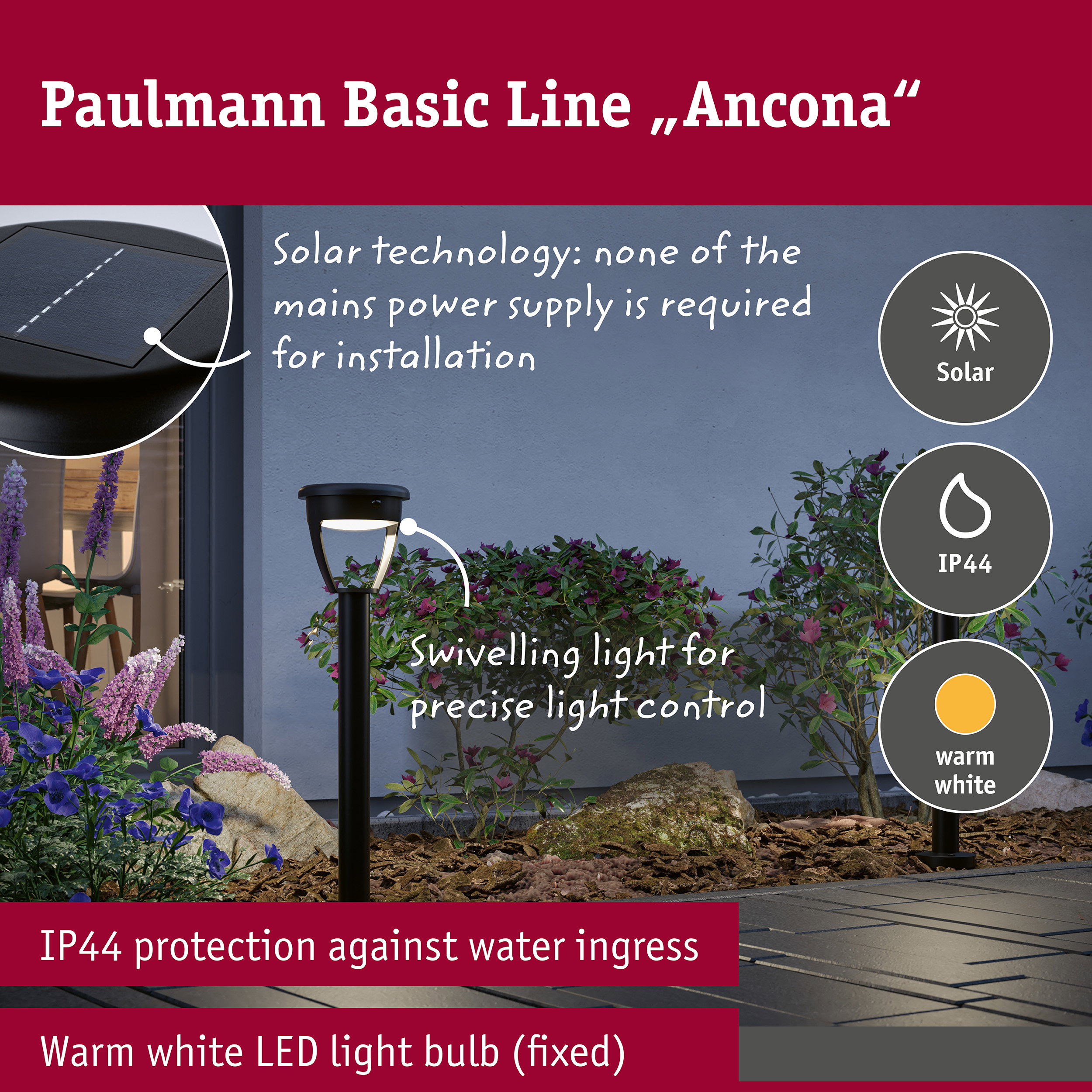 Solar LED ground spike Ancona IP44 3000K 300lm Black 140mm