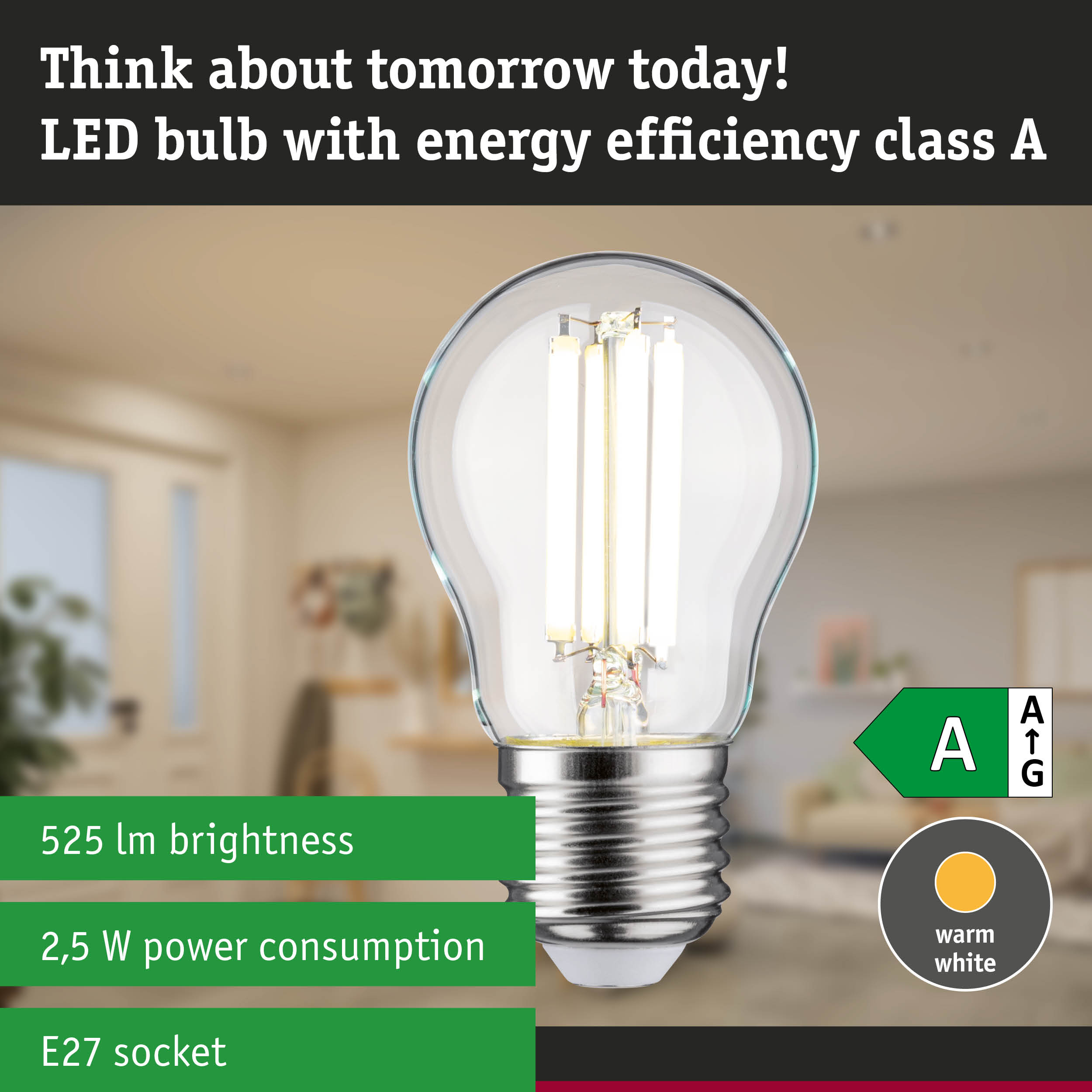Energy-efficient LED lamp with neutral white light shown against a green forest background