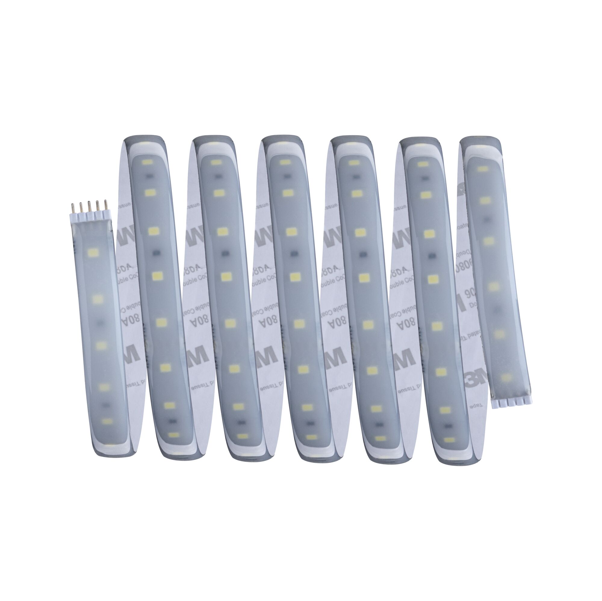 Flexible LED strip light with white LEDs and adhesive backing for versatile lighting solutions.
