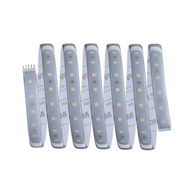 Flexible LED strip light with white LEDs and adhesive backing for versatile lighting solutions.