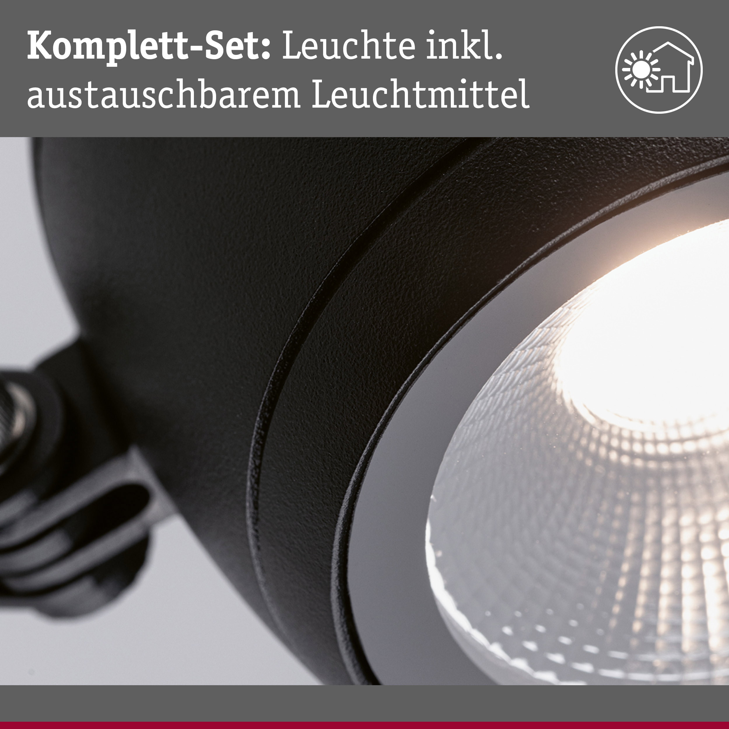 Nahaufnahme einer schwarzen LED-Leuchte mit austauschbarem Leuchtmittel und moderner Lichttechnik